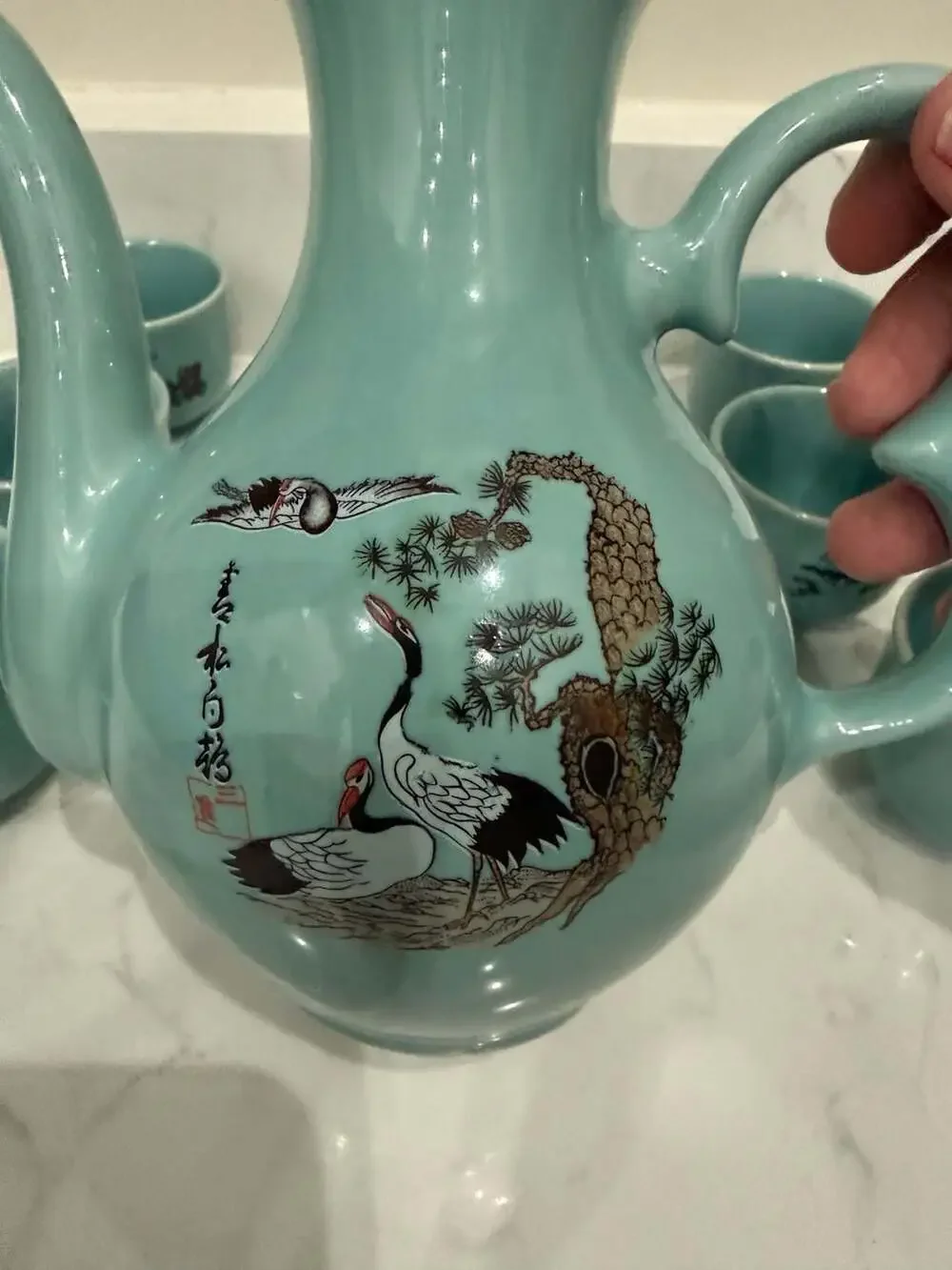 Vintage Asian Celadon Green Ceramic Teapot and 6 Cups Set with Red-Crowned Crane